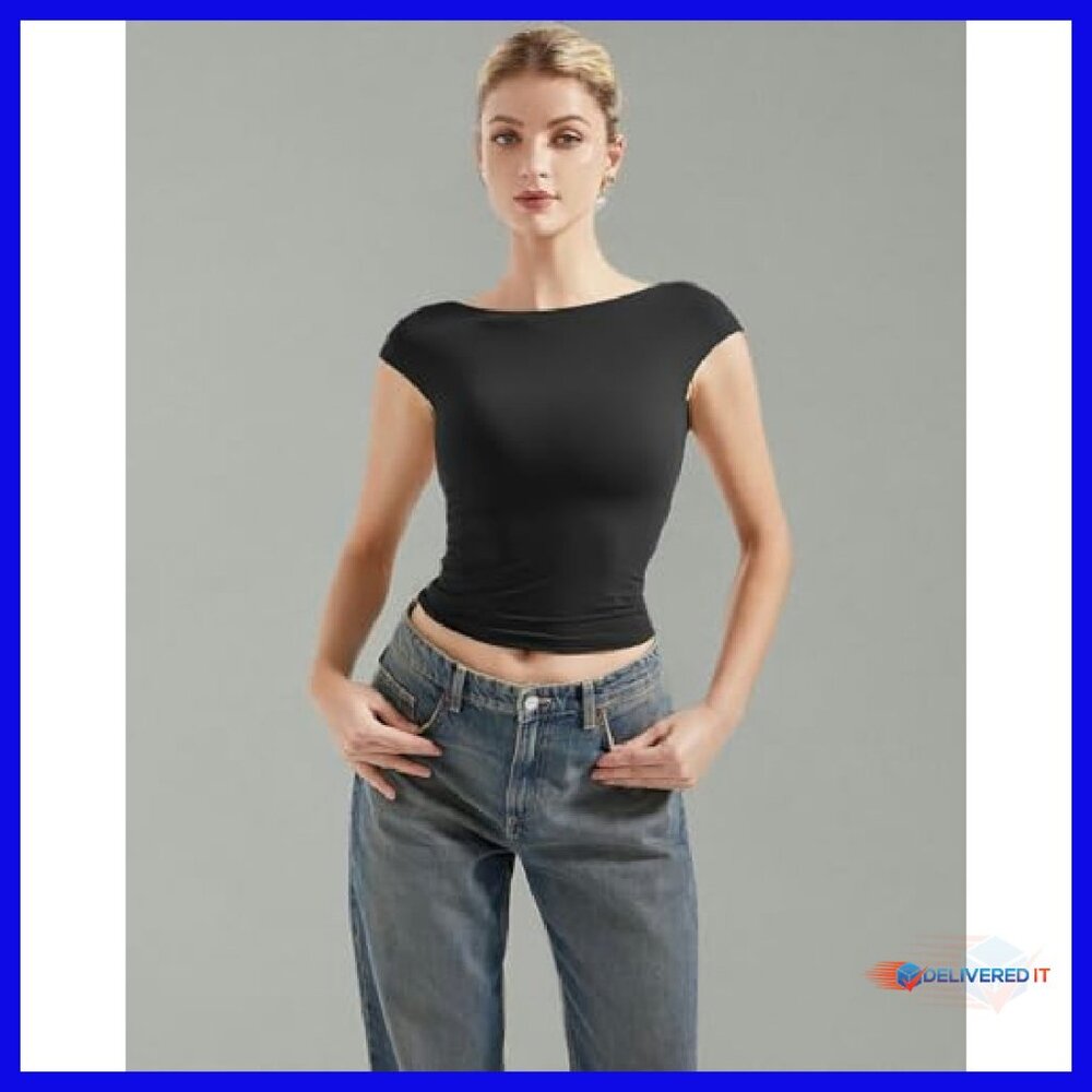 Double Lined Backless Crop Top Y2K Basic Tee Slim… - image 8